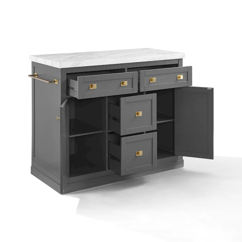 Îlot de cuisine moderne avec plateau en faux marbre, 4 tiroirs et quincaillerie en laiton brossé