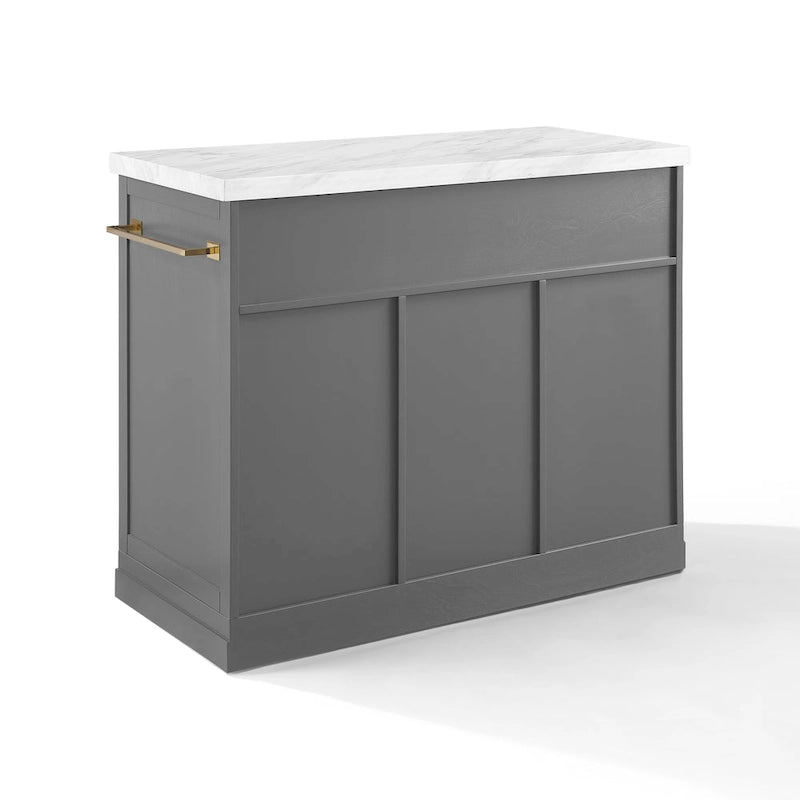 Îlot de cuisine moderne avec plateau en faux marbre, 4 tiroirs et quincaillerie en laiton brossé