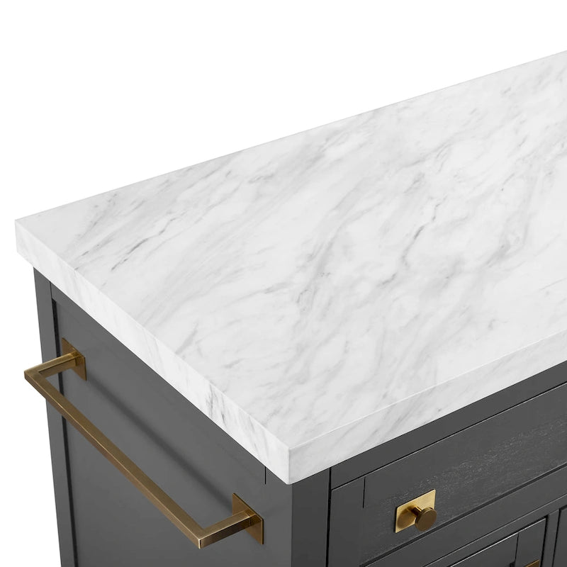 Îlot de cuisine moderne avec plateau en faux marbre, 4 tiroirs et quincaillerie en laiton brossé
