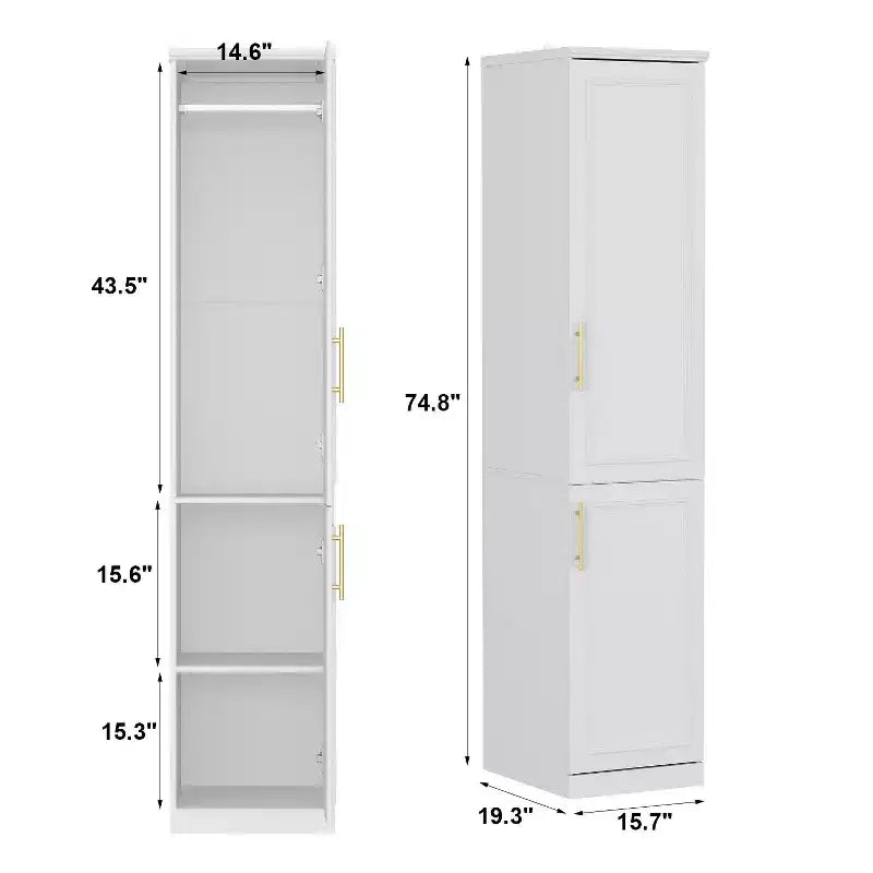 Famapy Luxe White Modular Wardrobe Armoire with Gold Hardware: Panelled Doors + Mixed-Door Design  Elegant Custom Closet for Bedrooms