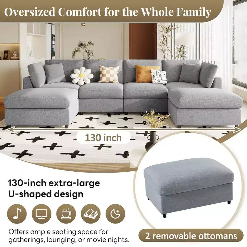128.2W Modular Sectional Sofa, U-Shape Convertible Sofa Couch Set with Removable Ottomans 4S -ModernLuxe