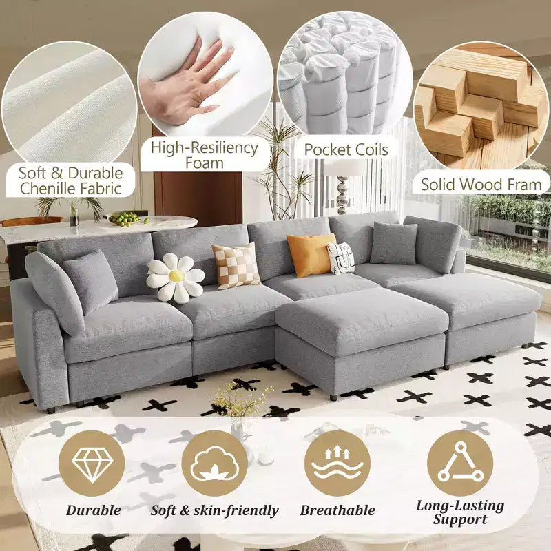 128.2W Modular Sectional Sofa, U-Shape Convertible Sofa Couch Set with Removable Ottomans 4S -ModernLuxe
