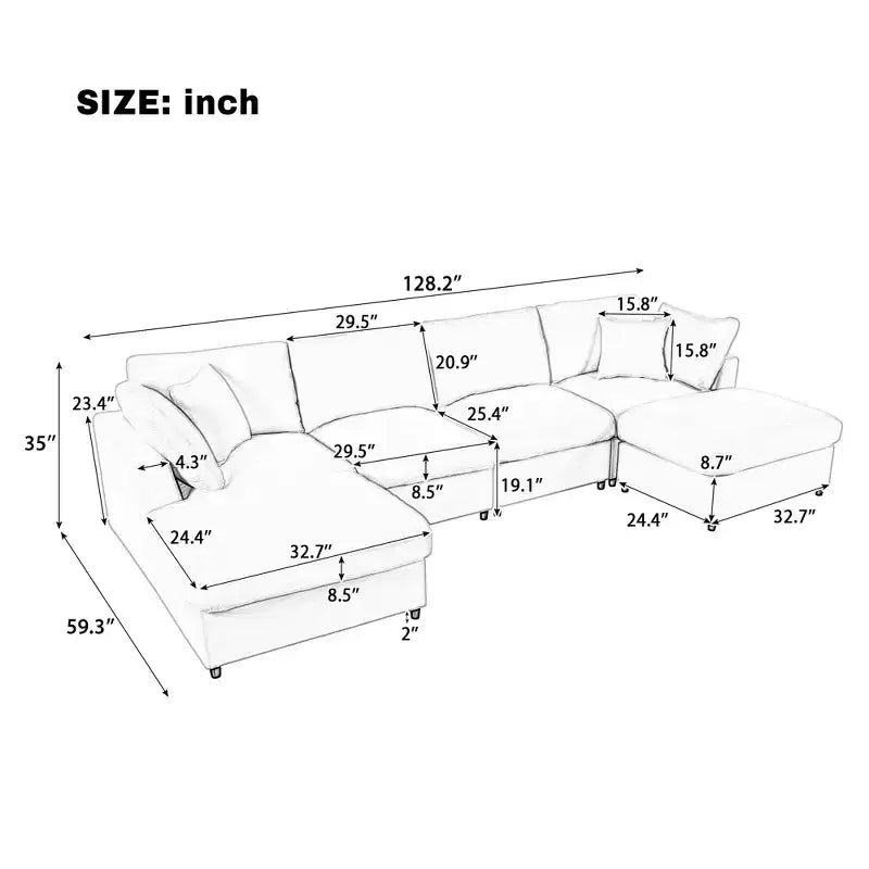 128.2W Modular Sectional Sofa, U-Shape Convertible Sofa Couch Set with Removable Ottomans 4S -ModernLuxe
