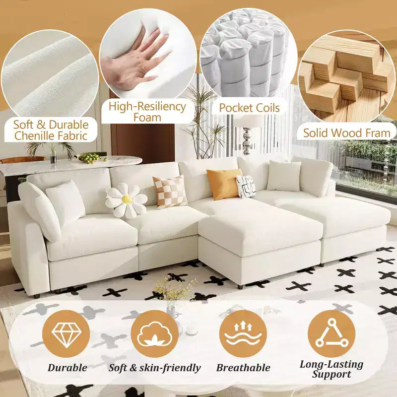 128.2W Modular Sectional Sofa, U-Shape Convertible Sofa Couch Set with Removable Ottomans 4S -ModernLuxe