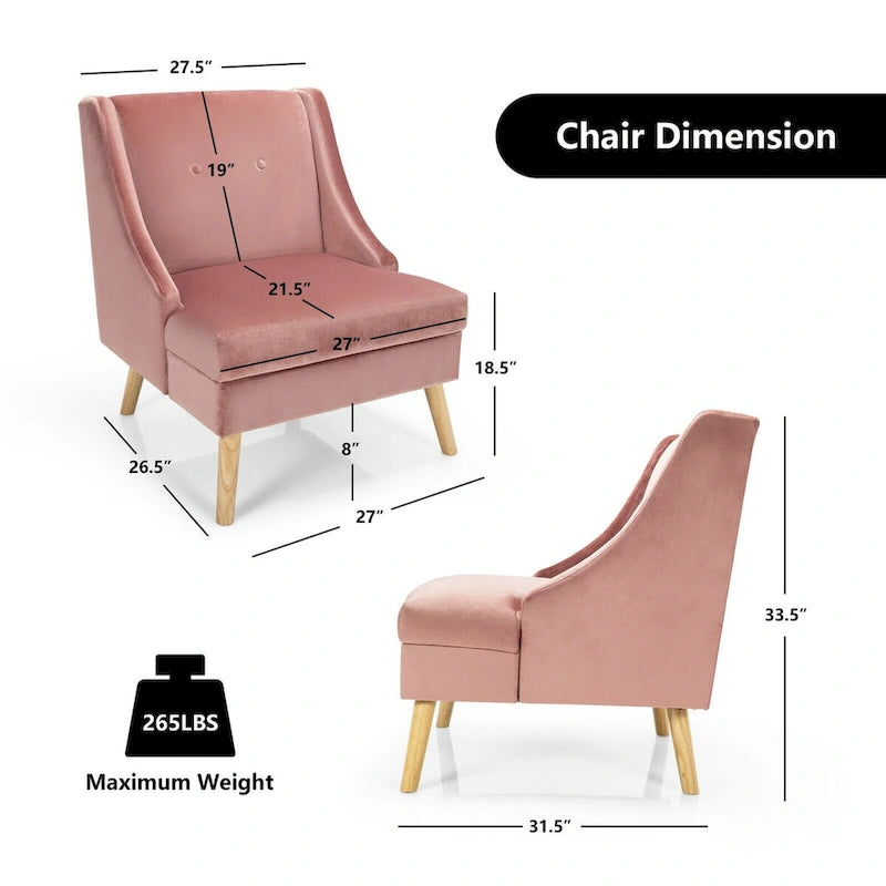 Fauteuil d'appoint haut en velours à dossier haut avec accoudoirs incurvés et pieds en bois