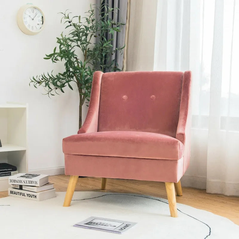 Fauteuil d'appoint haut en velours à dossier haut avec accoudoirs incurvés et pieds en bois