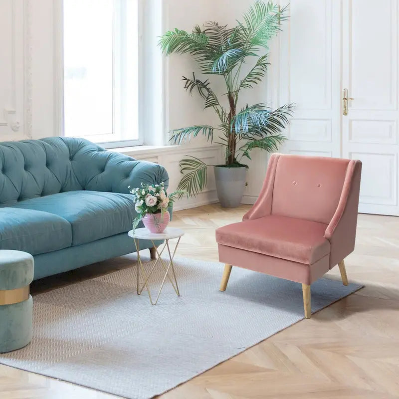 Fauteuil d'appoint haut en velours à dossier haut avec accoudoirs incurvés et pieds en bois