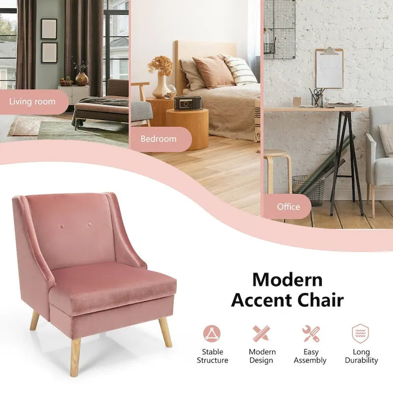 Fauteuil d'appoint haut en velours à dossier haut avec accoudoirs incurvés et pieds en bois