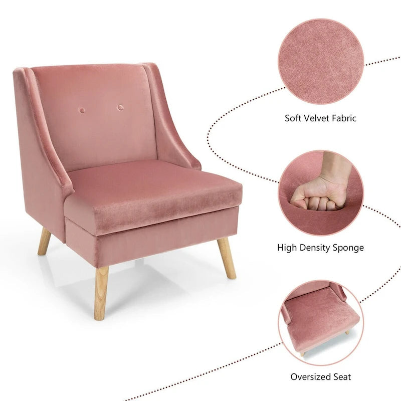 Fauteuil d'appoint haut en velours à dossier haut avec accoudoirs incurvés et pieds en bois