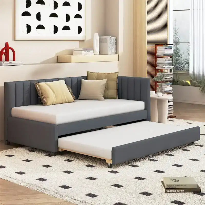 Lit de repos rembourré en lin, taille simple, avec lit gigogne extractible — Pas besoin de sommier tapissier