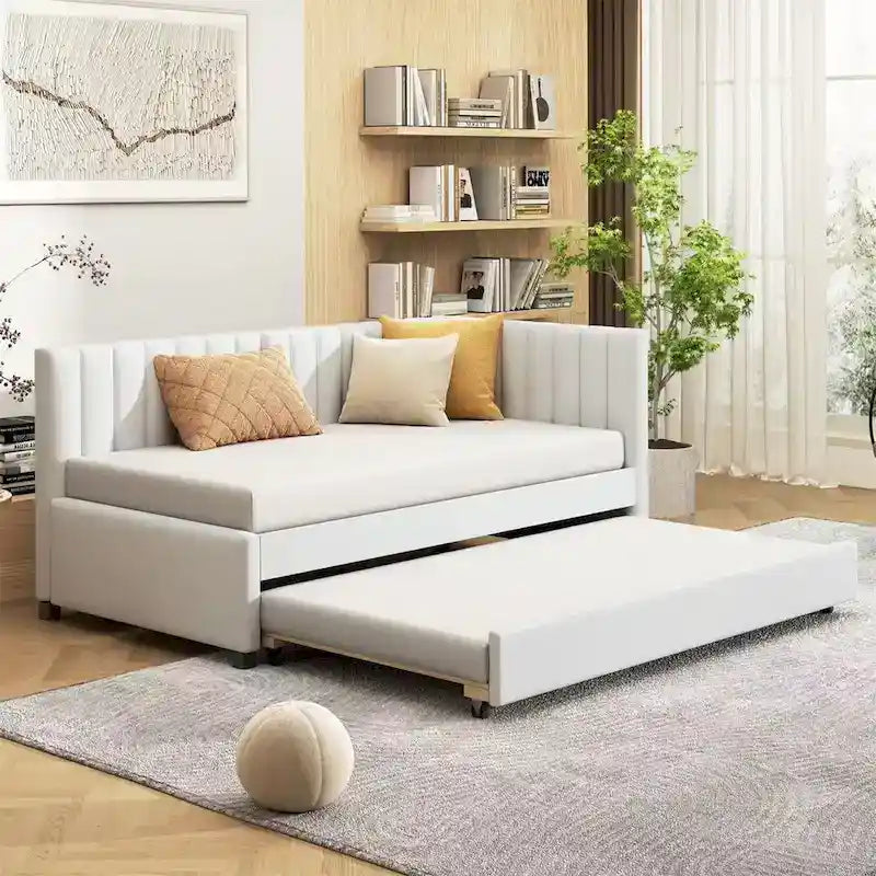 Lit de repos rembourré en lin, taille simple, avec lit gigogne extractible — Pas besoin de sommier tapissier