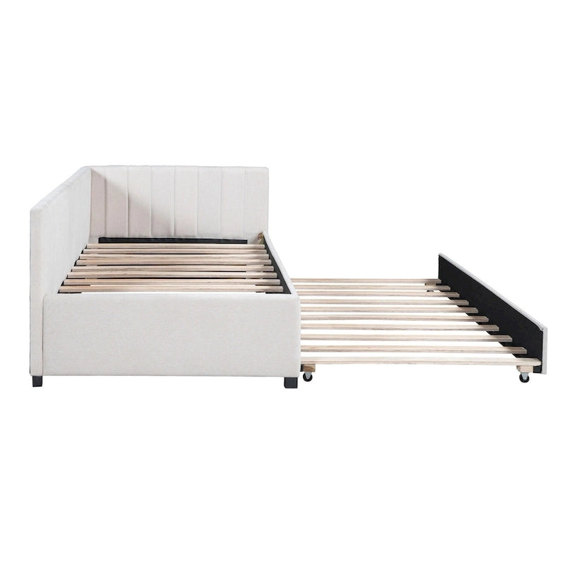 Lit de repos rembourré en lin, taille simple, avec lit gigogne extractible — Pas besoin de sommier tapissier