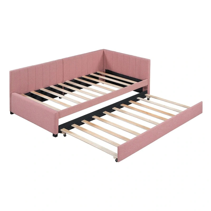 Lit de repos rembourré en lin, taille simple, avec lit gigogne extractible — Pas besoin de sommier tapissier