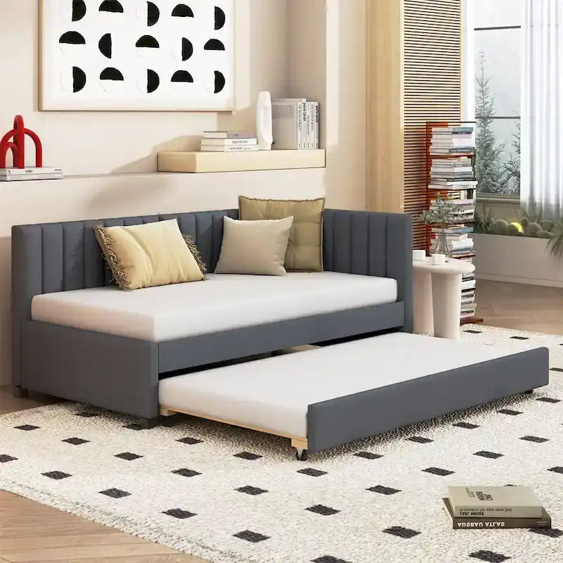 Lit de repos rembourré en lin, taille simple, avec lit gigogne extractible — Pas besoin de sommier tapissier