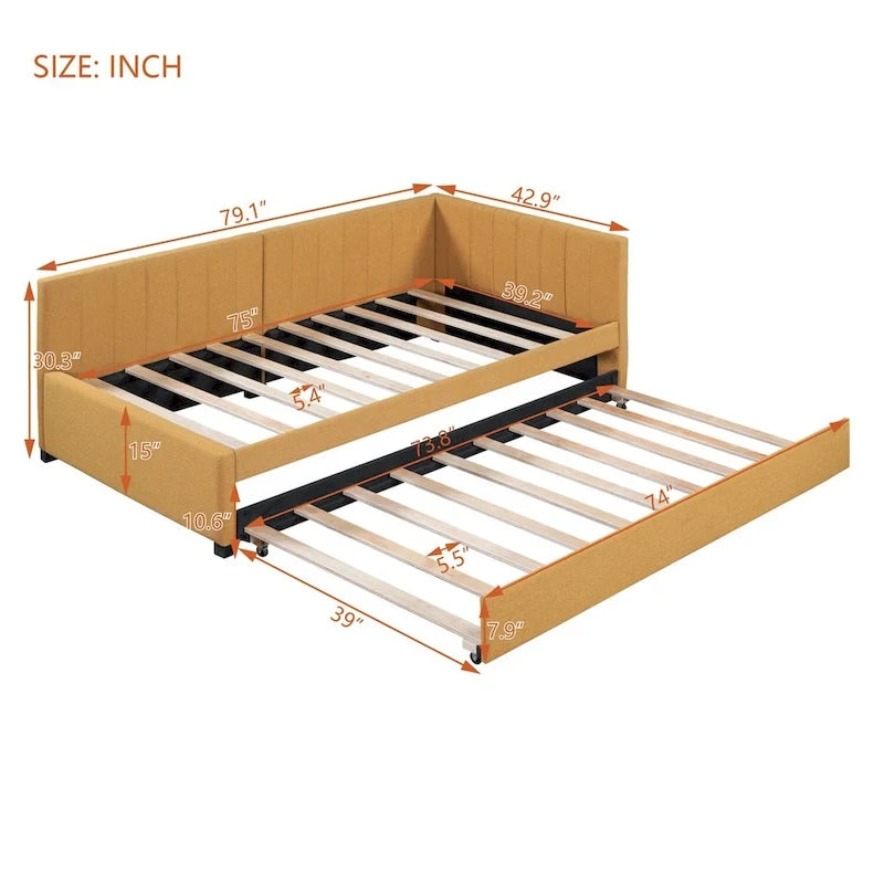 Lit de repos rembourré en lin, taille simple, avec lit gigogne extractible — Pas besoin de sommier tapissier