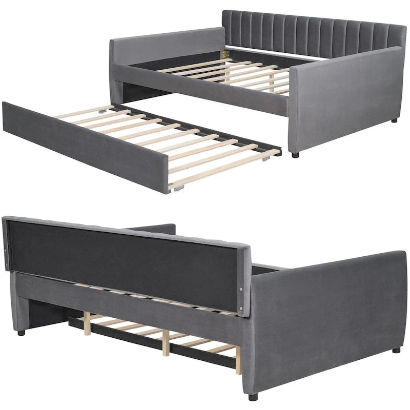 Lit de repos double en velours avec lit gigogne escamotable