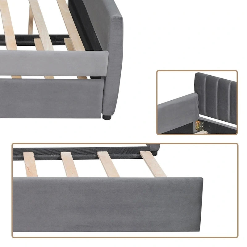 Lit de repos double en velours avec lit gigogne escamotable
