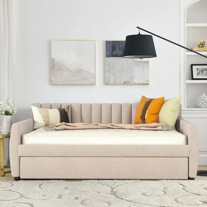 Lit de repos double en velours avec lit gigogne escamotable