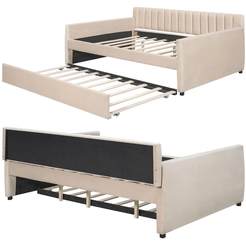 Lit de repos double en velours avec lit gigogne escamotable
