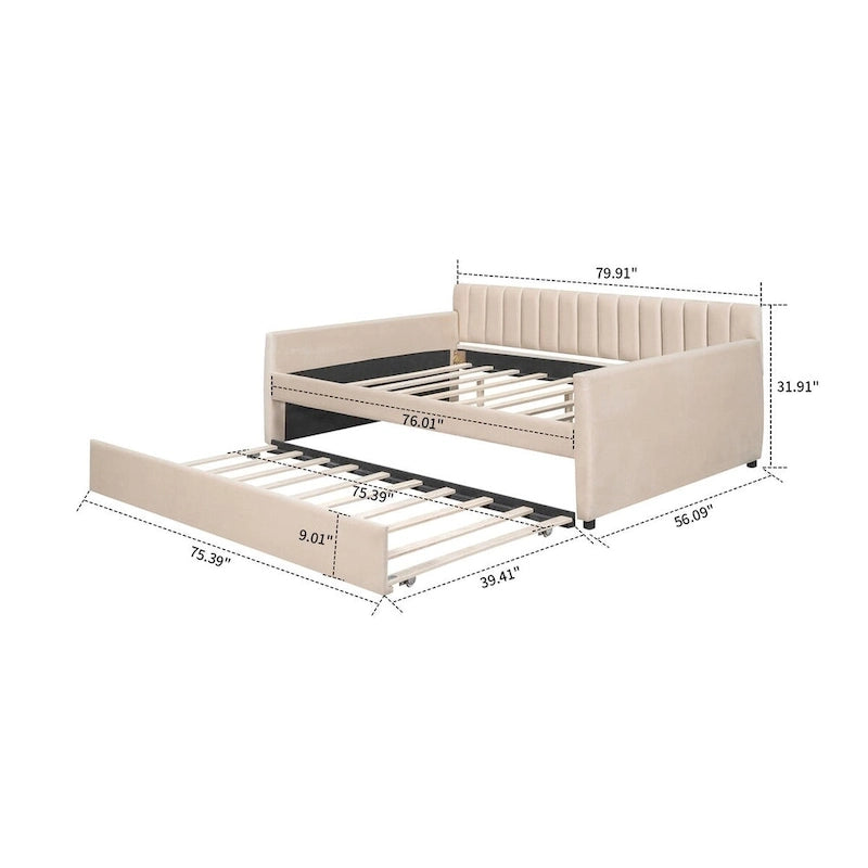 Lit de repos double en velours avec lit gigogne escamotable
