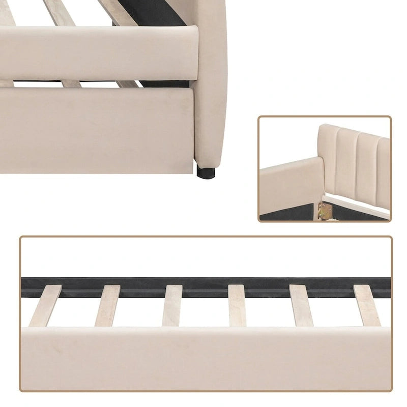 Lit de repos double en velours avec lit gigogne escamotable