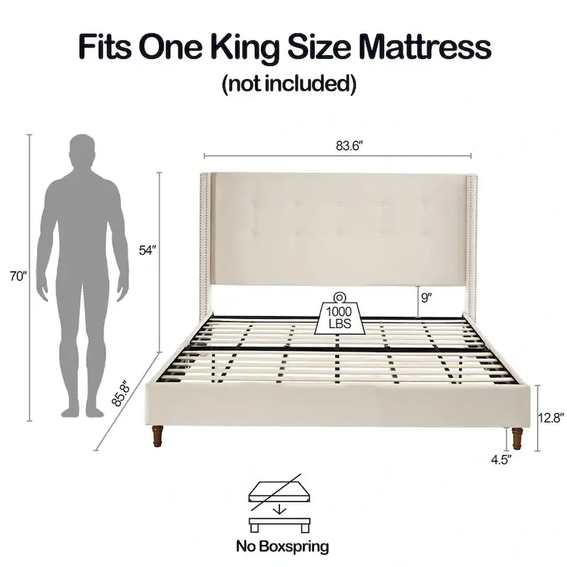 Cadre de lit King size en velours avec tête de lit capitonnée et pieds en noyer