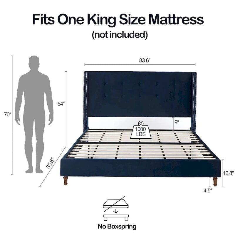 Cadre de lit King size en velours avec tête de lit capitonnée et pieds en noyer