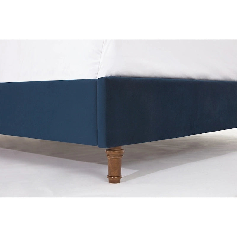 Cadre de lit King size en velours avec tête de lit capitonnée et pieds en noyer