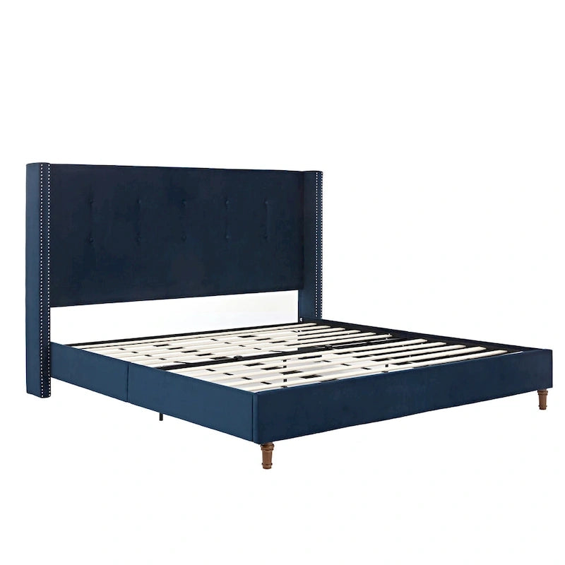 Cadre de lit King size en velours avec tête de lit capitonnée et pieds en noyer