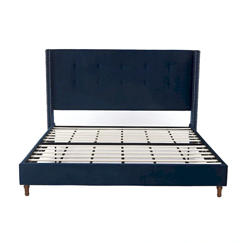 Cadre de lit King size en velours avec tête de lit capitonnée et pieds en noyer