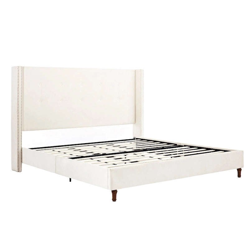 Cadre de lit King size en velours avec tête de lit capitonnée et pieds en noyer