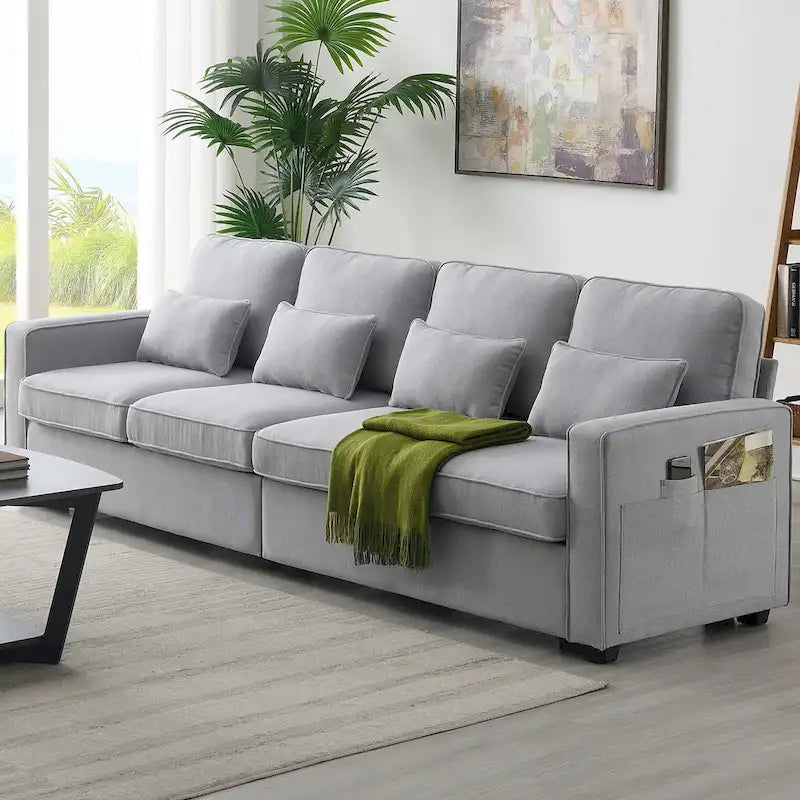 Canapé moderne 4 places en lin avec ressorts ensachés, pochettes sur les accoudoirs et 4 coussins