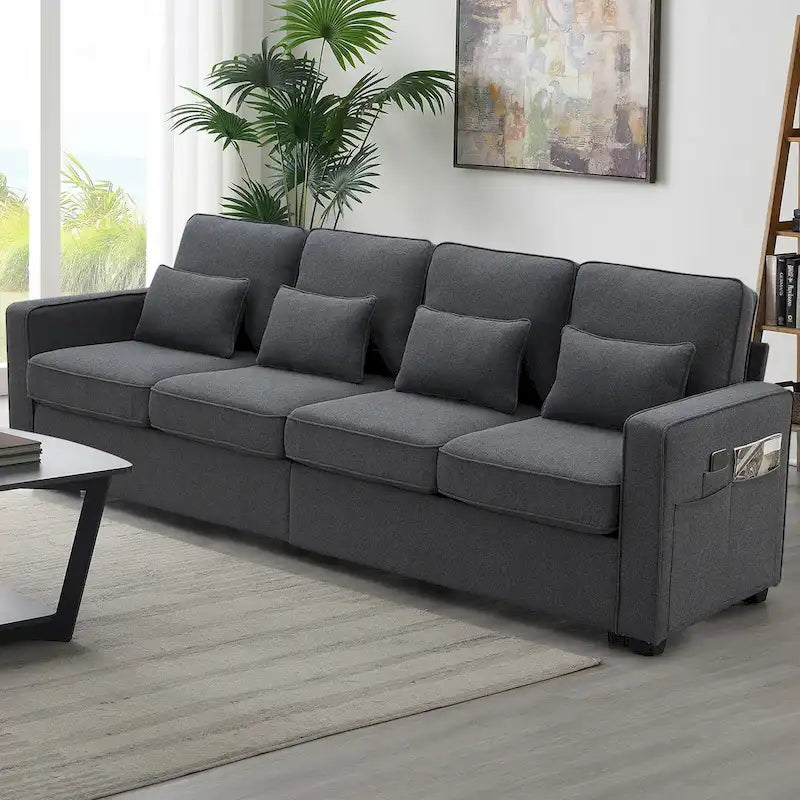 Canapé moderne 4 places en lin avec ressorts ensachés, pochettes sur les accoudoirs et 4 coussins