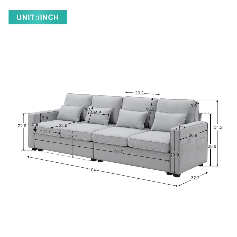 Canapé moderne 4 places en lin avec ressorts ensachés, pochettes sur les accoudoirs et 4 coussins