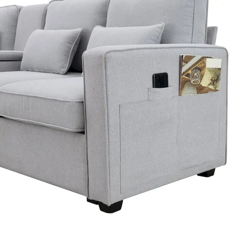 Canapé moderne 4 places en lin avec ressorts ensachés, pochettes sur les accoudoirs et 4 coussins