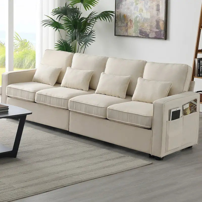 Canapé moderne 4 places en lin avec ressorts ensachés, pochettes sur les accoudoirs et 4 coussins