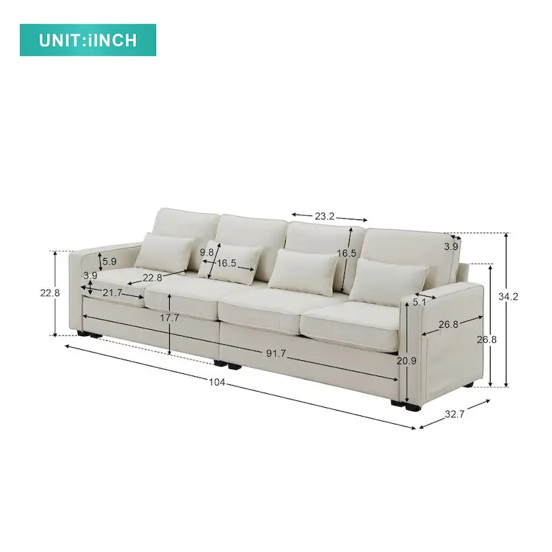 Canapé moderne 4 places en lin avec ressorts ensachés, pochettes sur les accoudoirs et 4 coussins