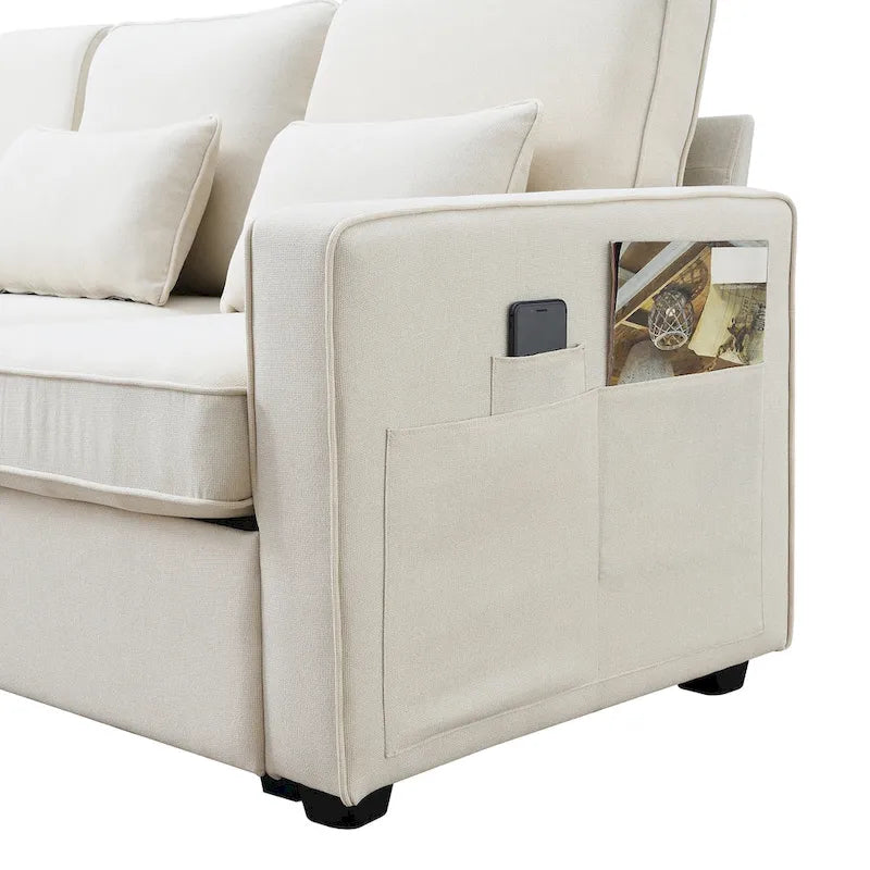 Canapé moderne 4 places en lin avec ressorts ensachés, pochettes sur les accoudoirs et 4 coussins