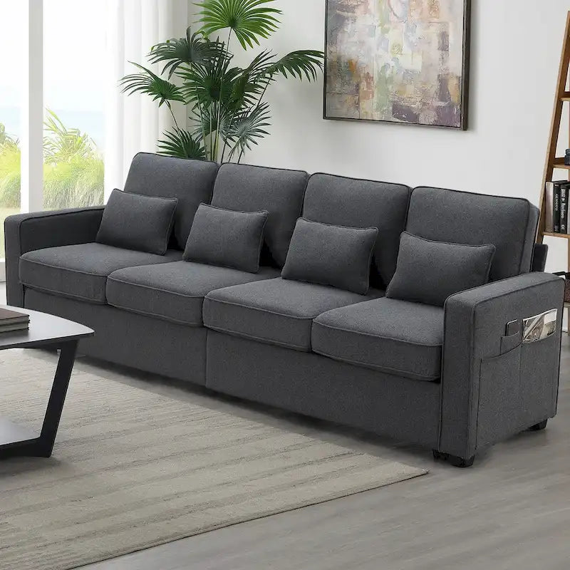 Canapé moderne 4 places en lin avec ressorts ensachés, pochettes sur les accoudoirs et 4 coussins