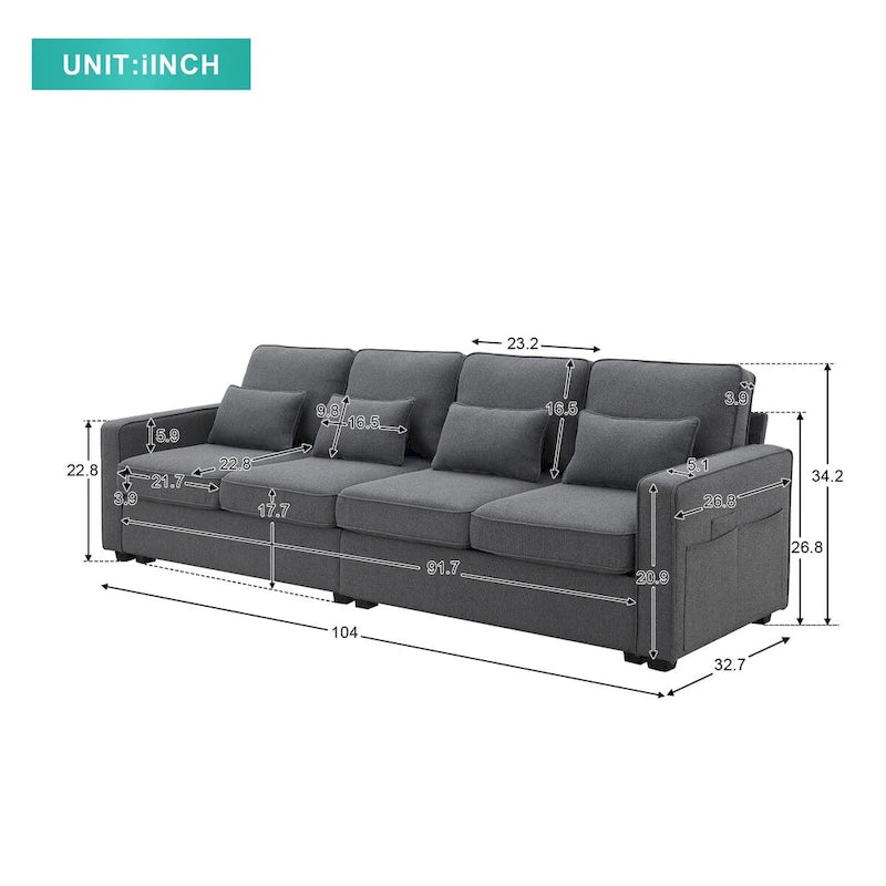 Canapé moderne 4 places en lin avec ressorts ensachés, pochettes sur les accoudoirs et 4 coussins