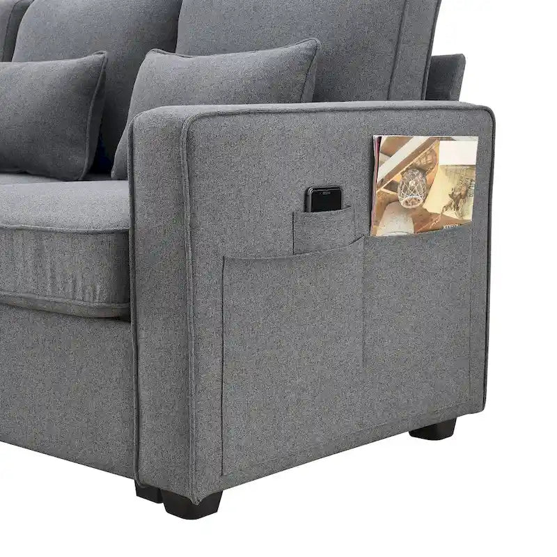 Canapé moderne 4 places en lin avec ressorts ensachés, pochettes sur les accoudoirs et 4 coussins