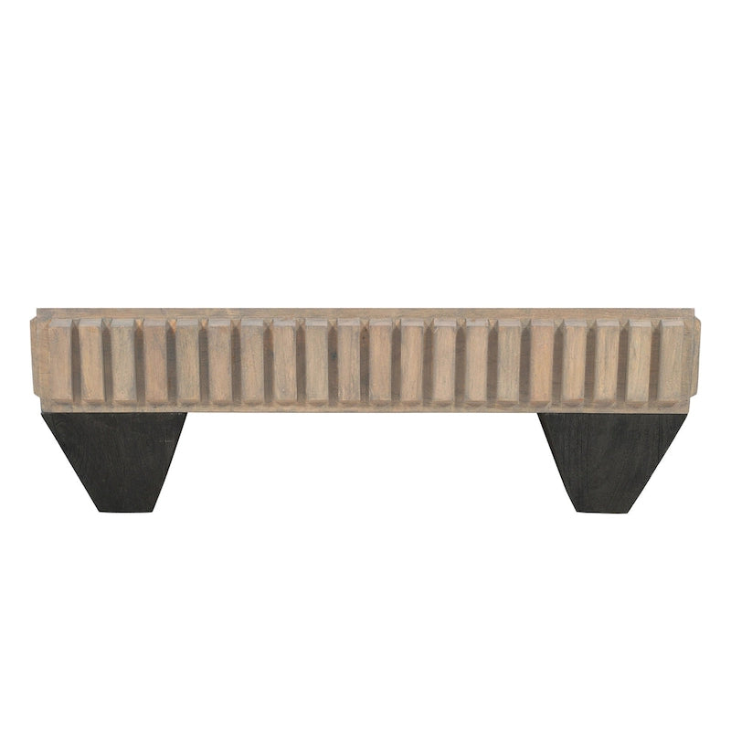 Table basse carrée en bois de manguier fabriquée à la main avec détails sculptés et finition grise sablée