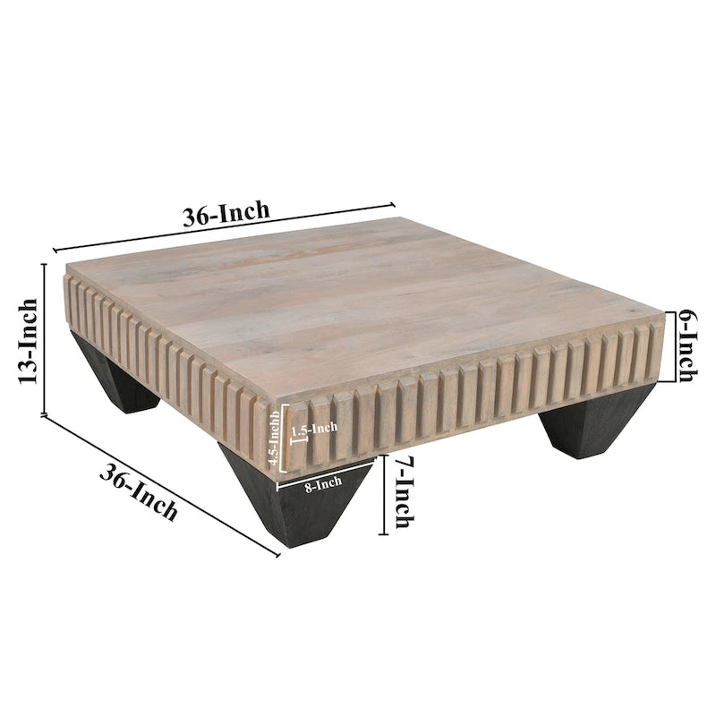 Table basse carrée en bois de manguier fabriquée à la main avec détails sculptés et finition grise sablée