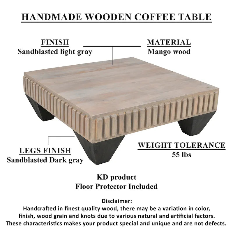 Table basse carrée en bois de manguier fabriquée à la main avec détails sculptés et finition grise sablée
