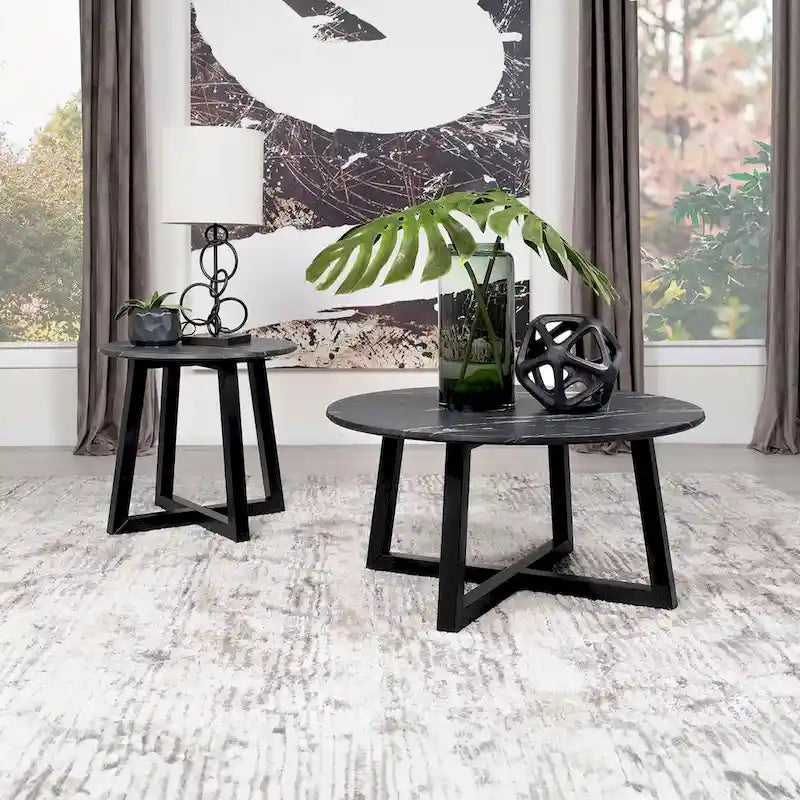 Table d'appoint ronde à plateau imitation marbre avec piètement en bois en croix