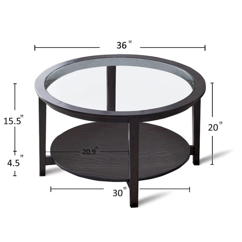 Table basse ronde en verre avec étagère inférieure et cadre en bois massif – 36 po Noir