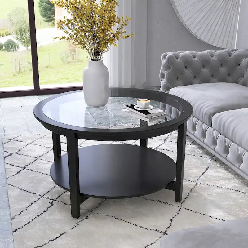 Table basse ronde en verre avec étagère inférieure et cadre en bois massif – 36 po Noir