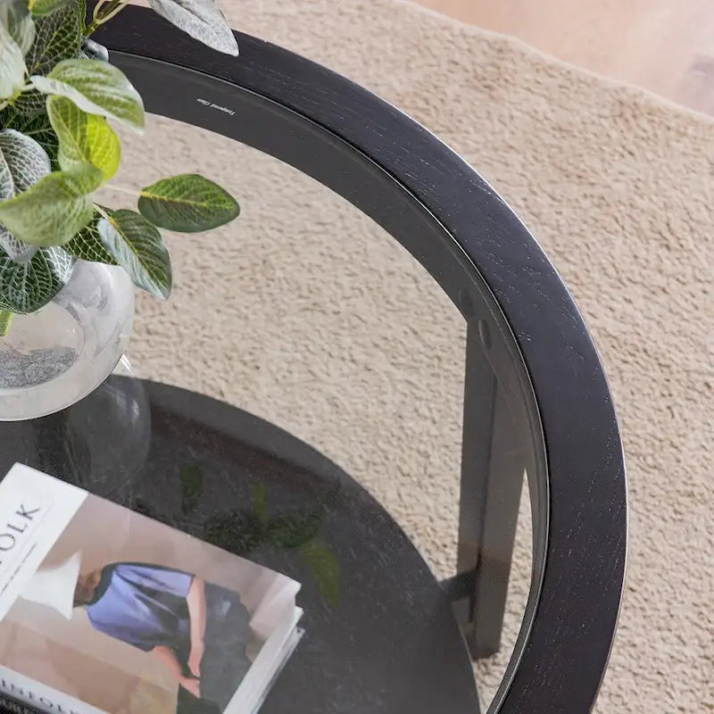 Table basse ronde en verre avec étagère inférieure et cadre en bois massif – 36 po Noir