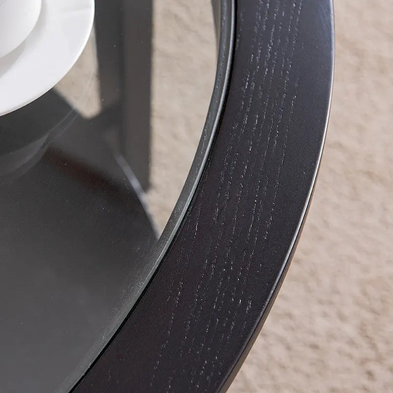 Table basse ronde en verre avec étagère inférieure et cadre en bois massif – 36 po Noir