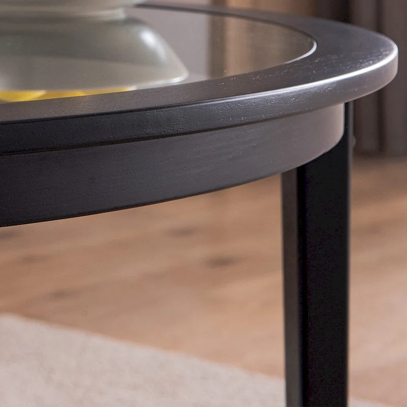 Table basse ronde en verre avec étagère inférieure et cadre en bois massif – 36 po Noir